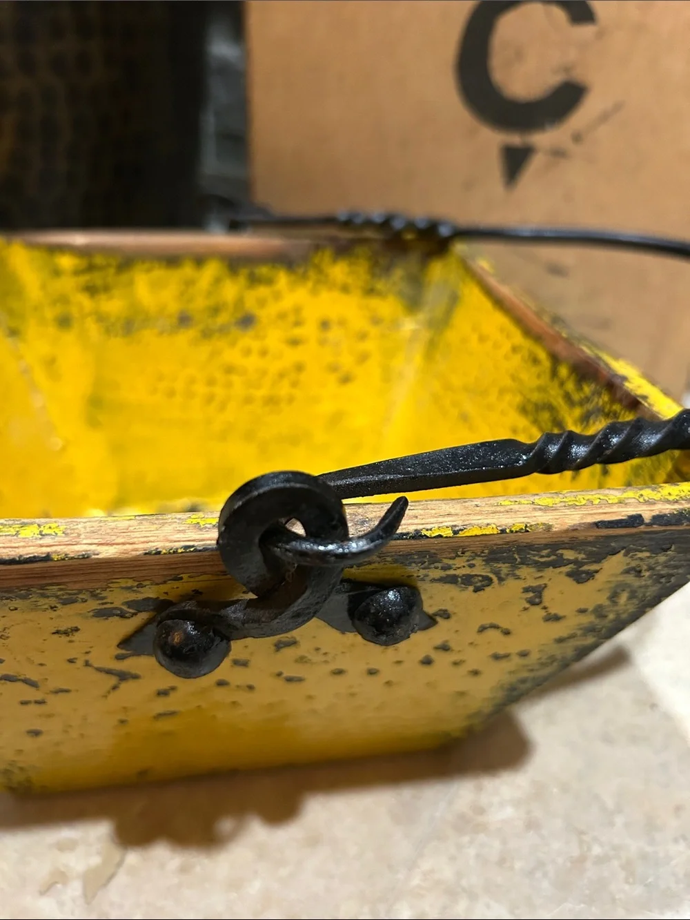 antique Chinese yellow lacquer rice measure bucket
